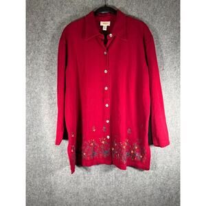 Talbots Blouse Women 1x Red Button Front‎ Collar Long Sleeve Embroidered Floral